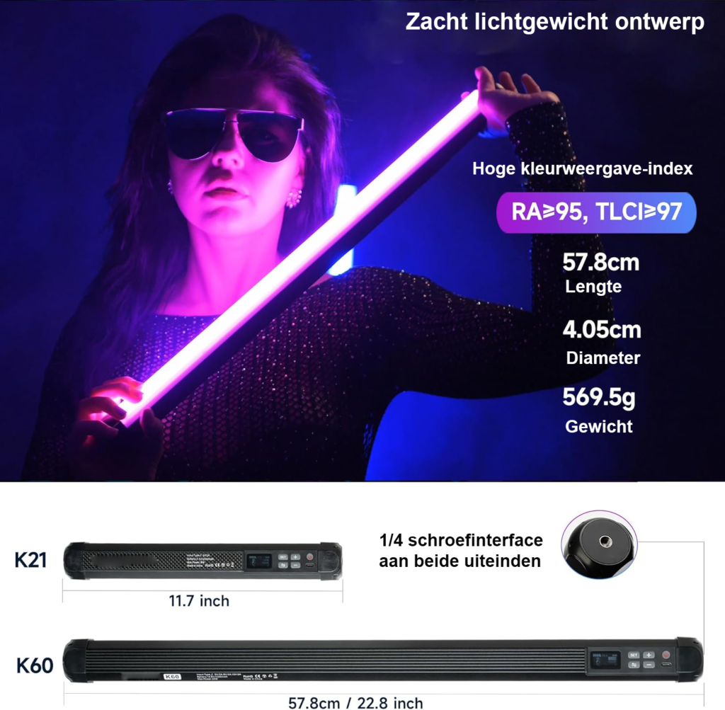 2-pack draagbare RGB LED stick lamp 58cm met oplaadbare batterij en LCD scherm voor fotografie en video