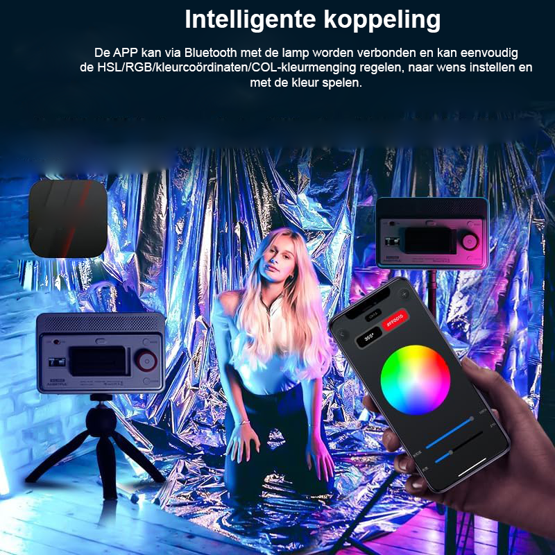 Draagbare RGB videolamp met accu, LED studiobelichting met app bediening voor fotografie en video
