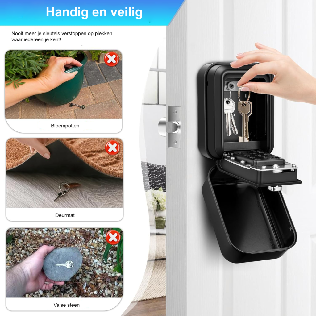 Sleutelkluis met wandmontage en cijfercode voor veilige sleutelopslag in zwart uitvoering