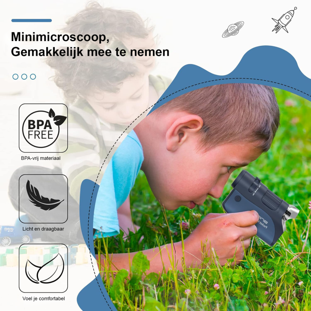 Zakmicroscoop voor Kinderen - Handheld Microscoop met 60x-120x Zoom en LED Verlichting - Draagbare Mini Microscoop voor Onderzoek - Inclusief 5 Microscoopglaasjes