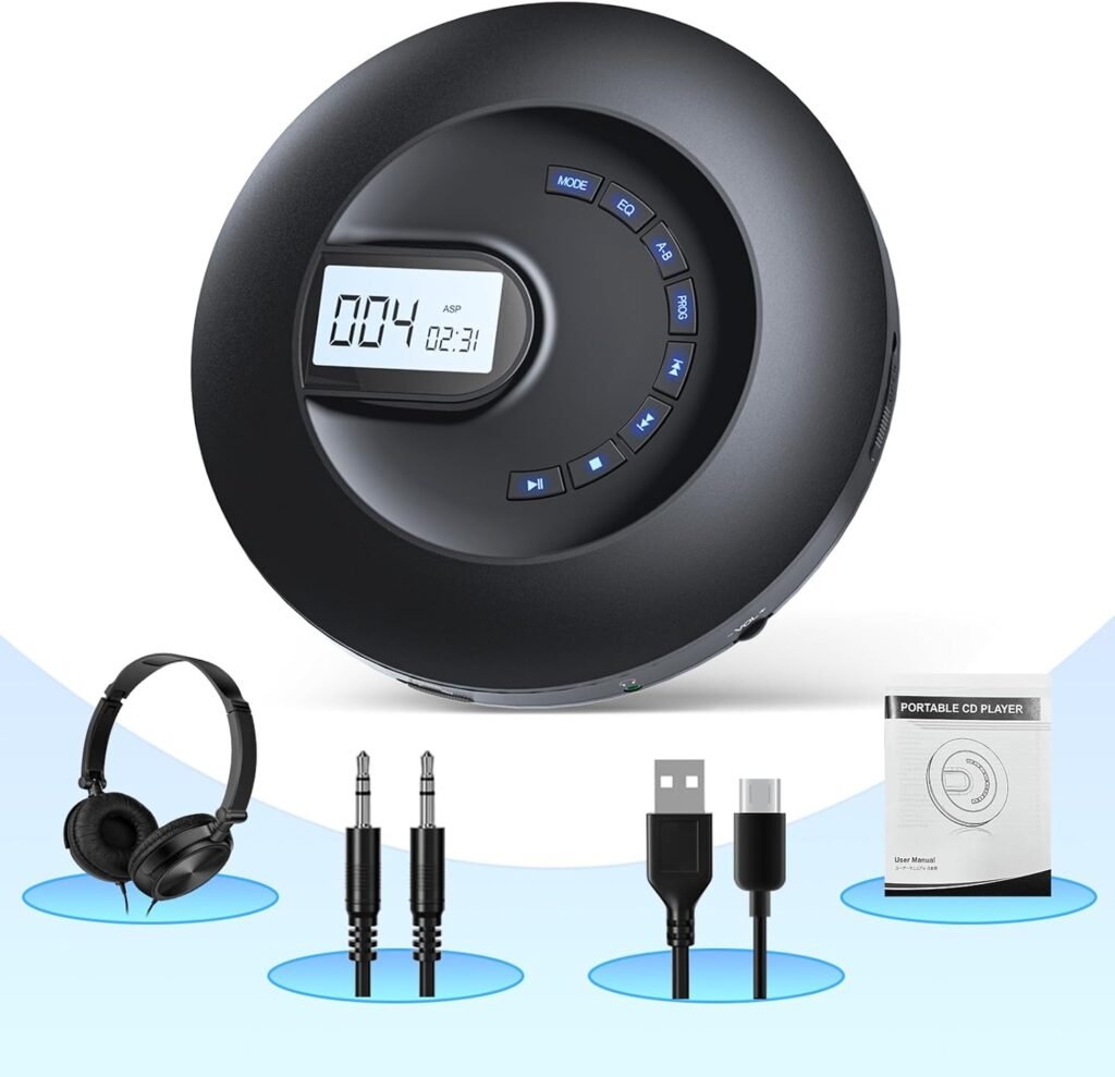 Draagbare CD Speler - Discman met Oplaadbare Batterij en LCD Scherm - Compacte Muziekspeler met Oordopjes en AUX Kabel - Voor Reizen