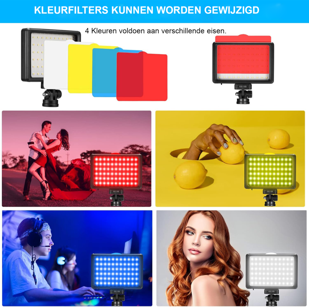 LED Videolamp Set - Dimbare Fotostudio Verlichting met Mini Statief - USB Videolamp met Kleurfilters voor Video-opnames en Streaming - 5600K Lichtkleur