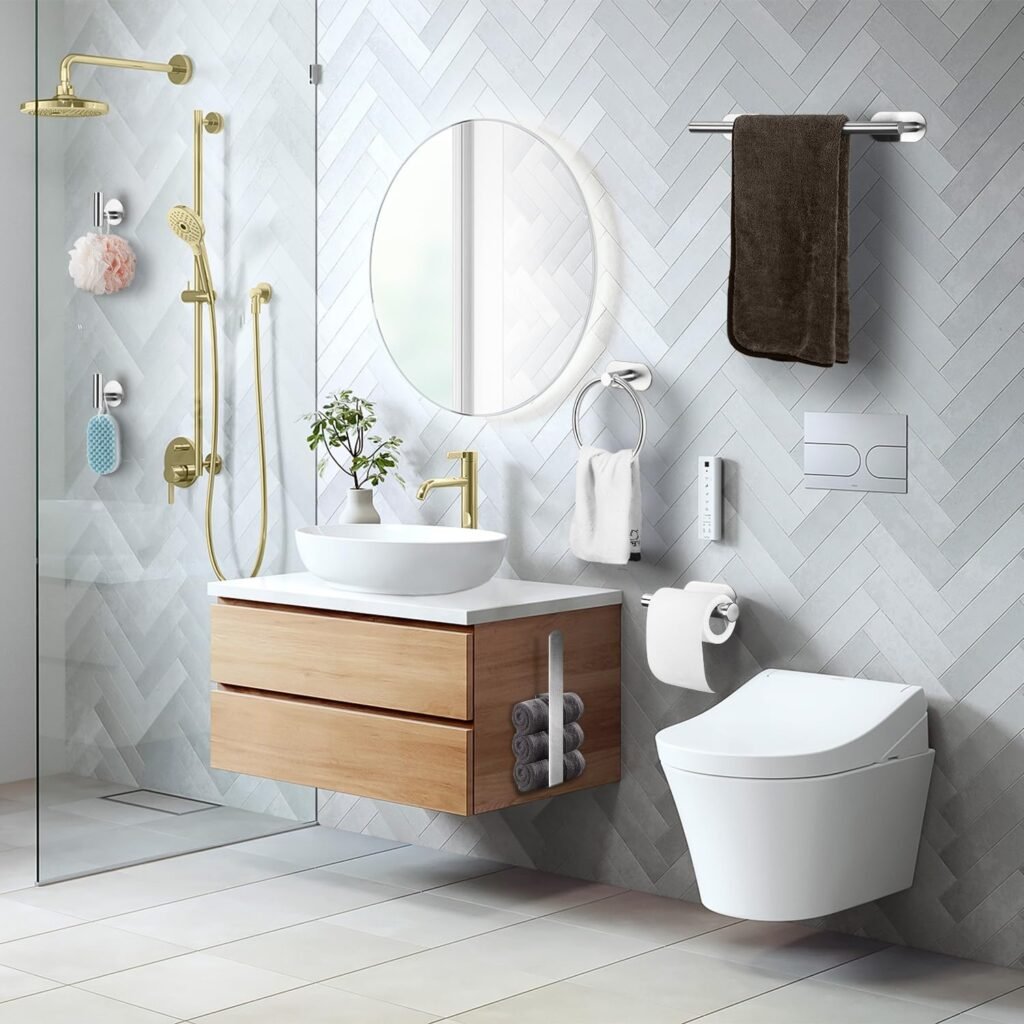 Badkameraccessoires set 6 delig - Handdoekrek en toiletpapierhouder met zelfklevende wandmontage - Handdoekring en haken zonder boren - Zilver