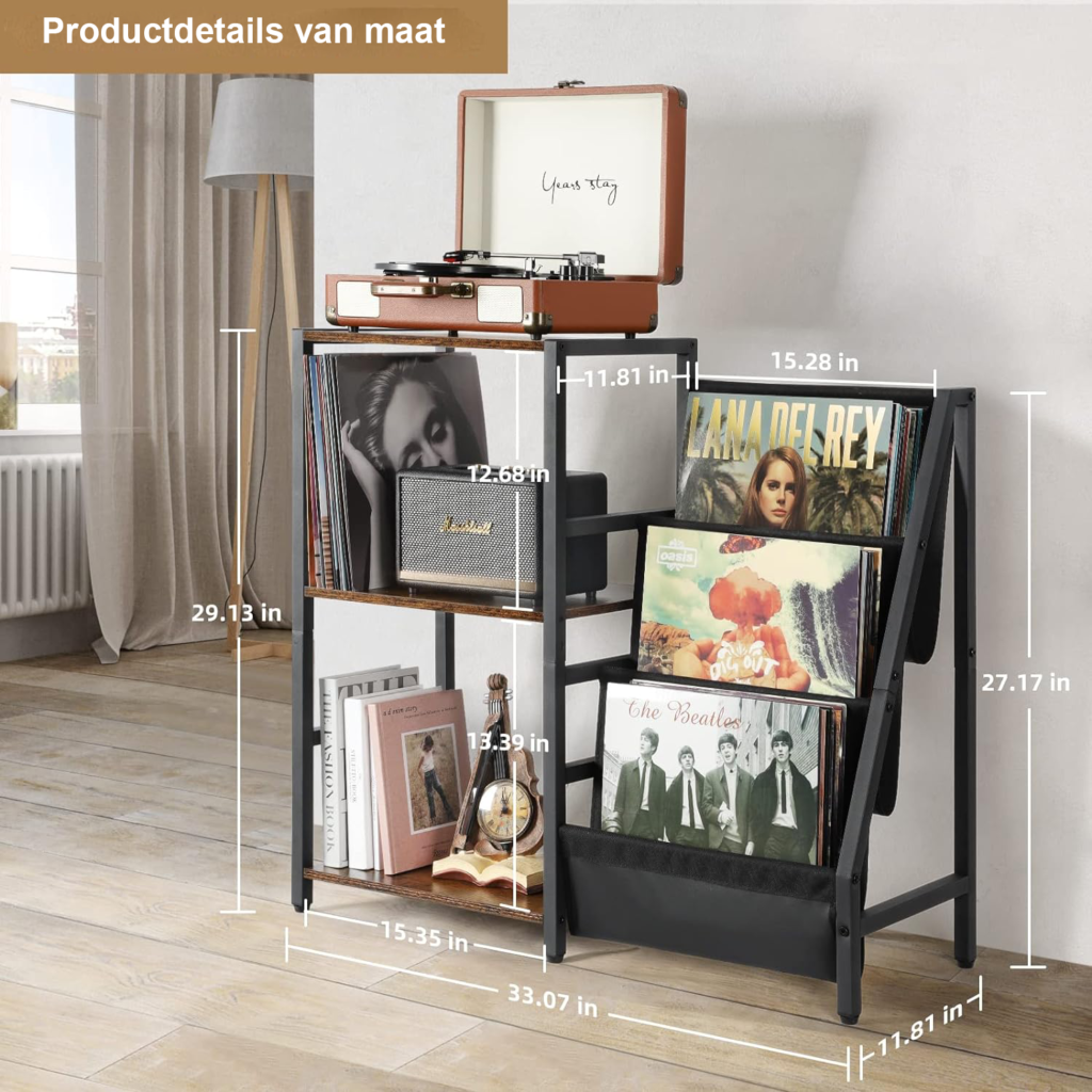 Platenspeler Tafel met Vinyl Opbergruimte - Record Player Stand met 3 Lagen - Vinyl Platenhouder voor 200 Albums - Bijzettafel Woonkamer