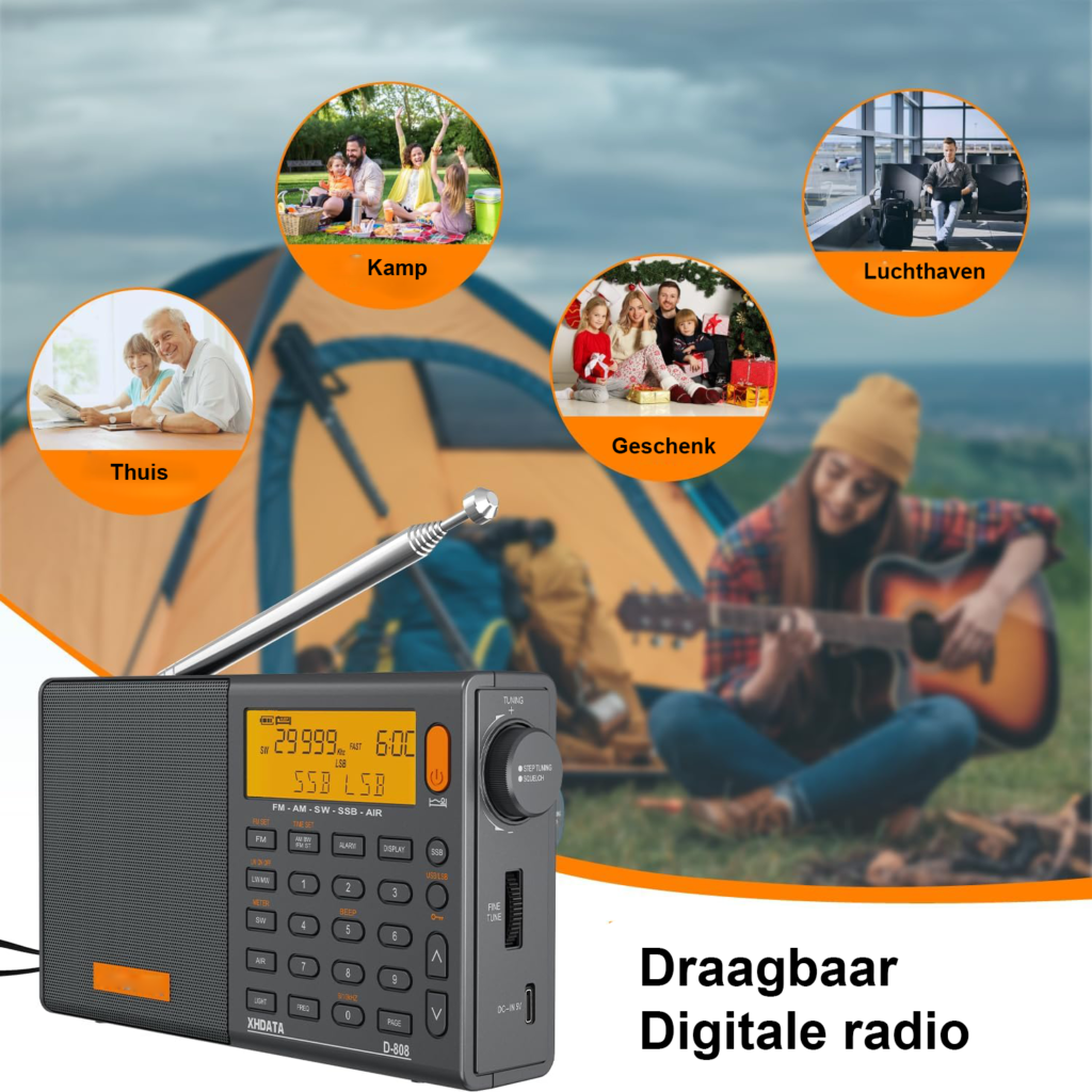 Draagbare digitale multiband radio met LCD scherm en 2000mAh oplaadbare batterij in grijs