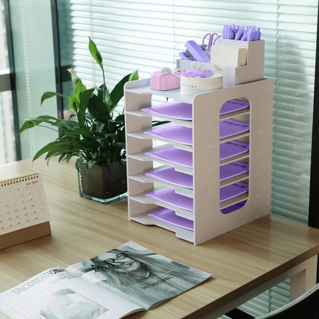 7 laags tray organizer voor A4 papier met stapelbare lades en penhouder in wit voor kantoor