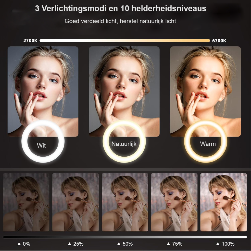 Ring light met statief en telefoonhouder voor streaming en videoconferentie
