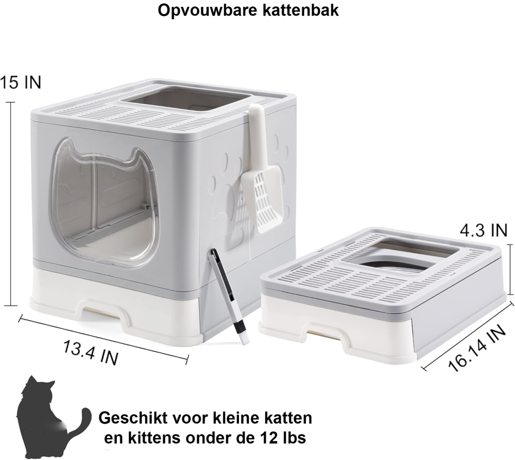 Vouwbare kattenbak met deksel en kattenbakschep, grijs, met 2-in-1 schoonmaakborstel