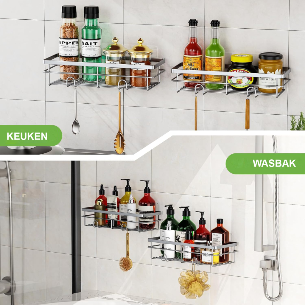 Doucheplank zonder boren, RVS badkamerrek met shampoohouder, grijs, set van 2