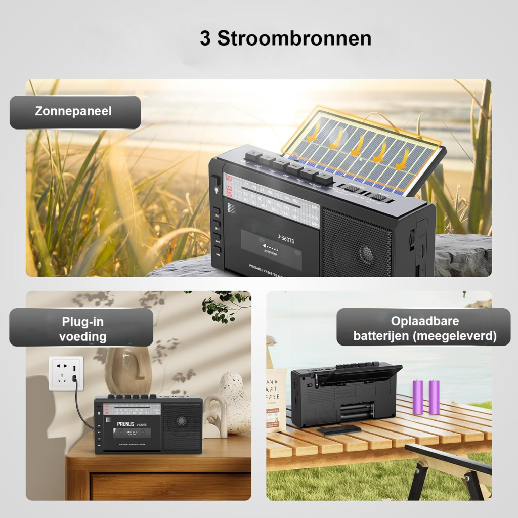 Draagbare cassette recorder met AM/SW/FM radio, Bluetooth speaker, zonnepaneel en LED-lamp