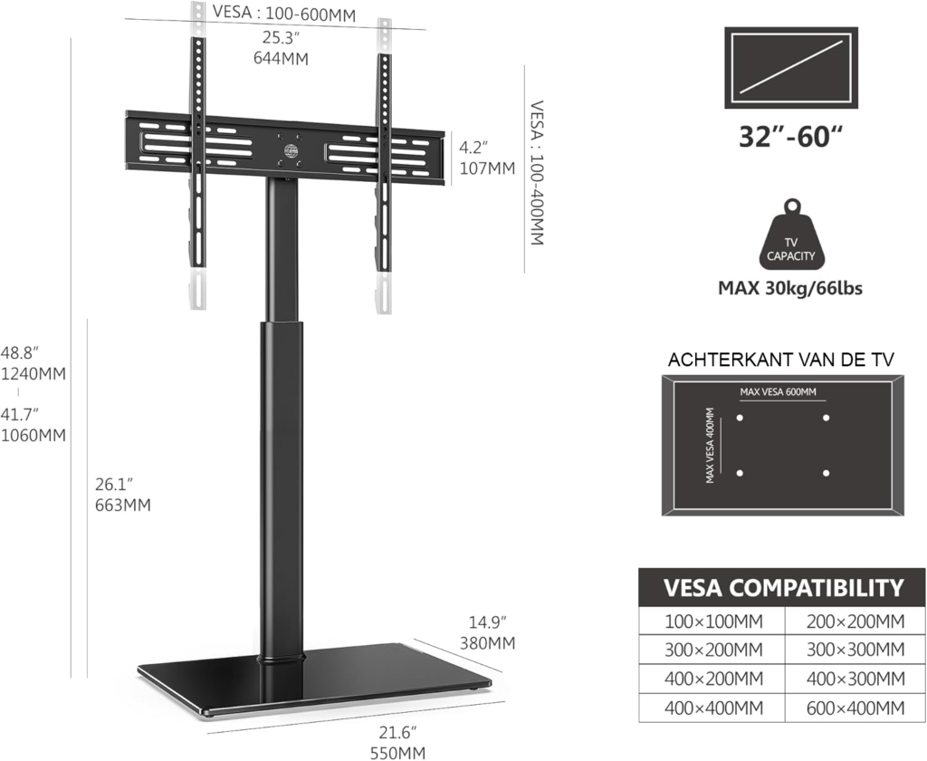 Draaibare verstelbare TV vloerstandaard voor 32-60 inch LCD, LED en OLED TV's, VESA 600x400 mm
