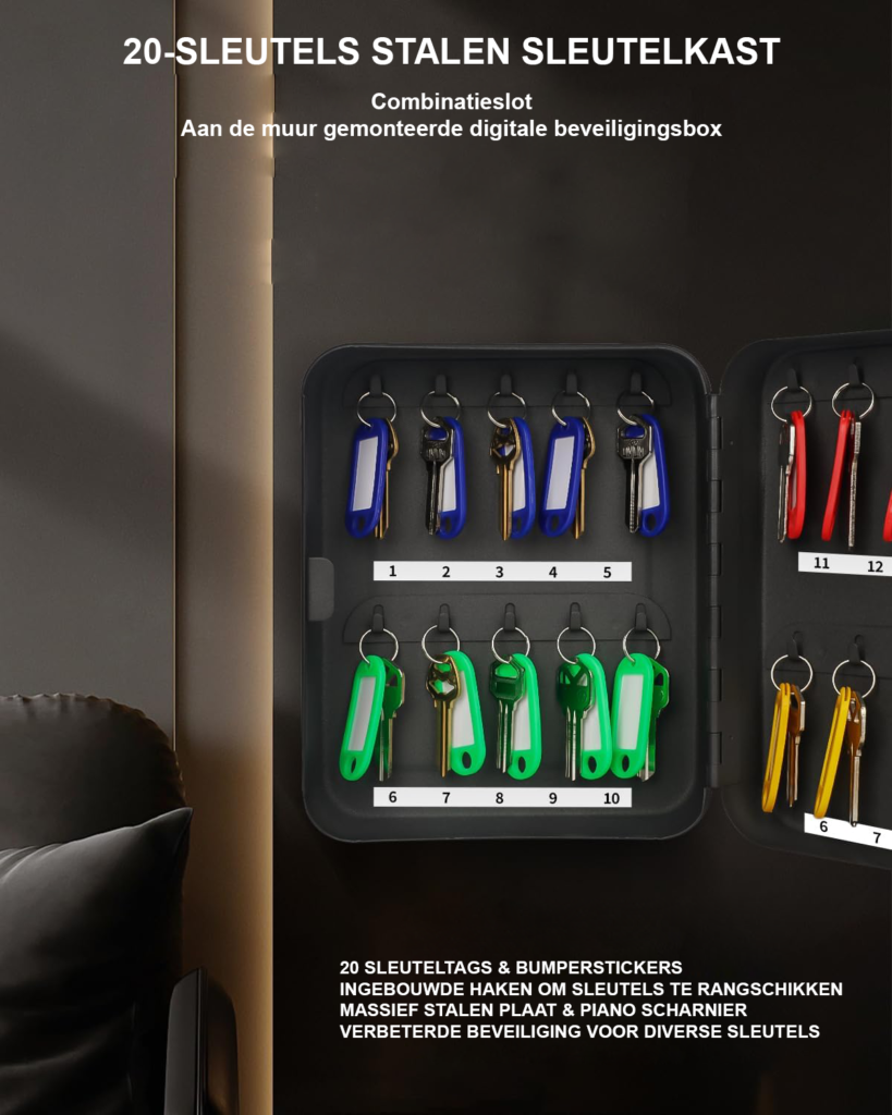 Sleutelkast met cijferslot voor 20 sleutels, zwarte stalen sleutelorganisator met sleutelhangers en labels