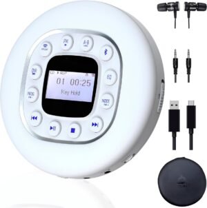 Draagbare CD-speler met koptelefoon, FM-radio, Bluetooth, MP3- en SD-kaartondersteuning, wit