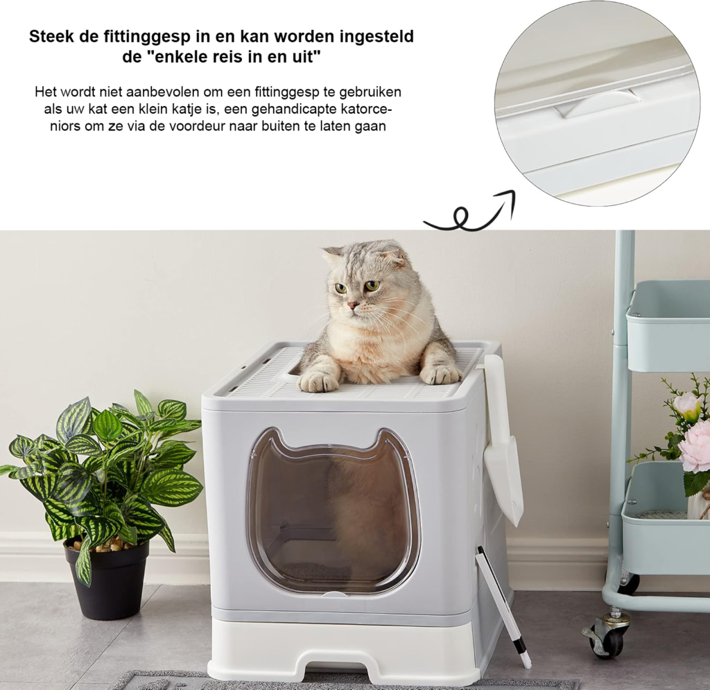 Vouwbare kattenbak met deksel en kattenbakschep, grijs, met 2-in-1 schoonmaakborstel