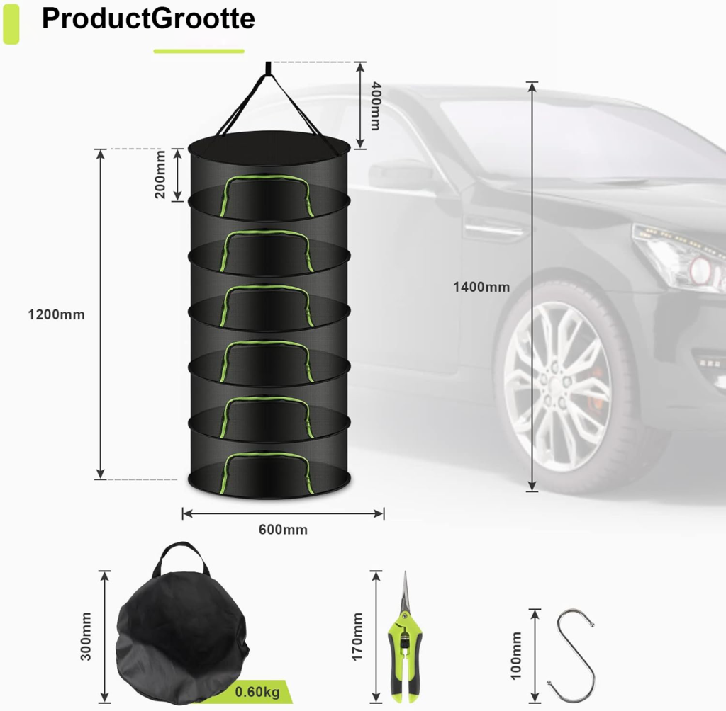 Droognet met 4 niveaus, vouwbaar droogrooster voor kruiden en planten, 60 x 120 cm met ritssluiting en haak