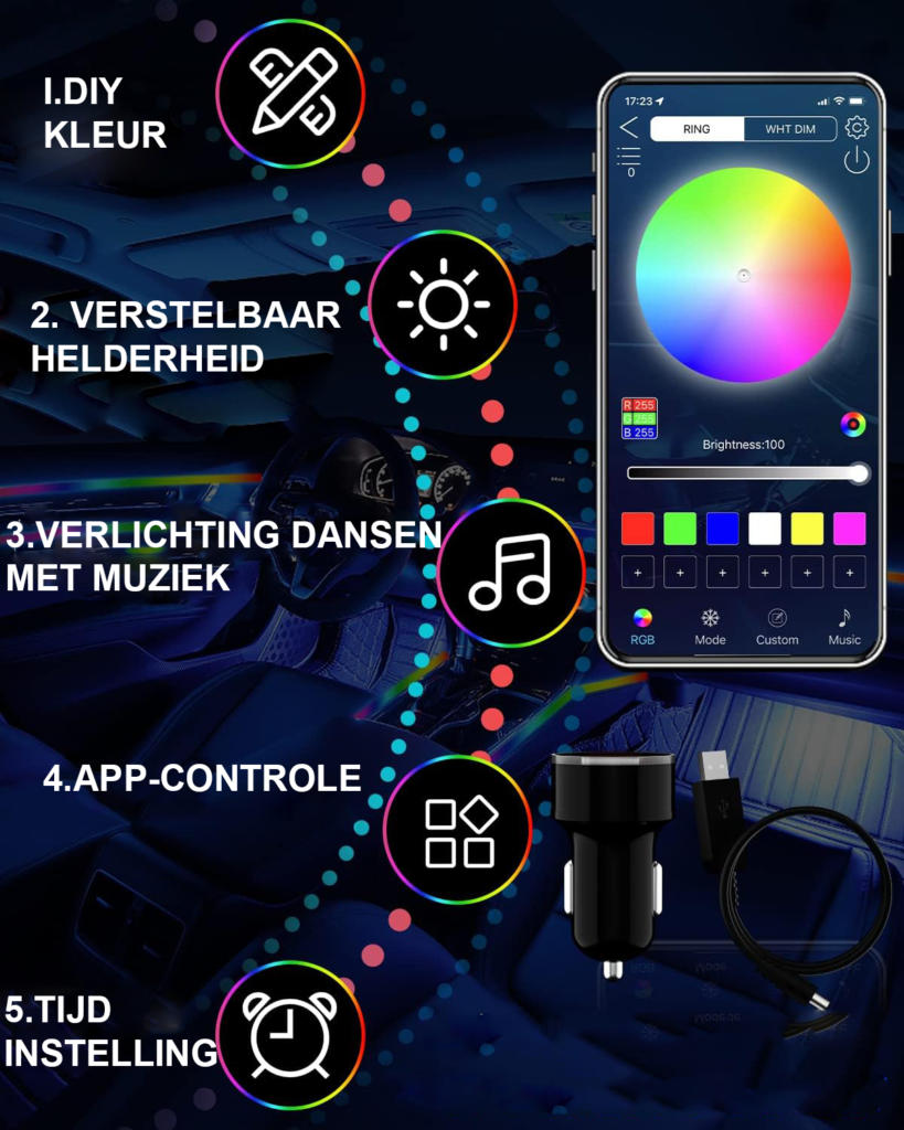 Auto interieur LED verlichting set met draadloze bediening en muziekgestuurde sfeerverlichting
