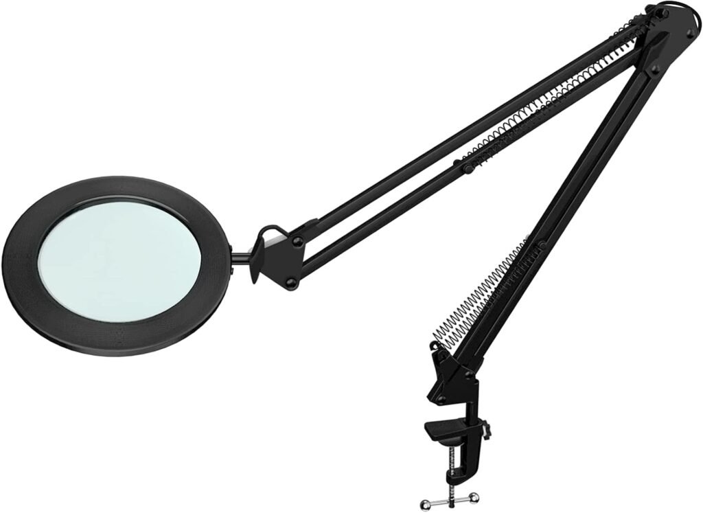 Vergrootlamp met 5 dioptrieën, echt glas, 72 LED's, 3 lichtkleuren en 10 dimstanden in zwart