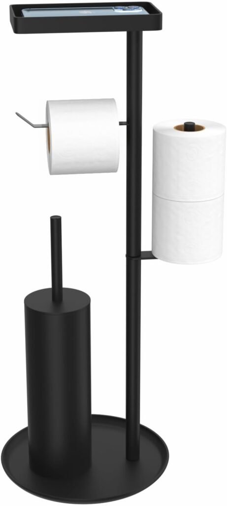 Vrijstaande toiletpapierhouder met toiletborstel en dienblad, zwarte badkameraccessoires set