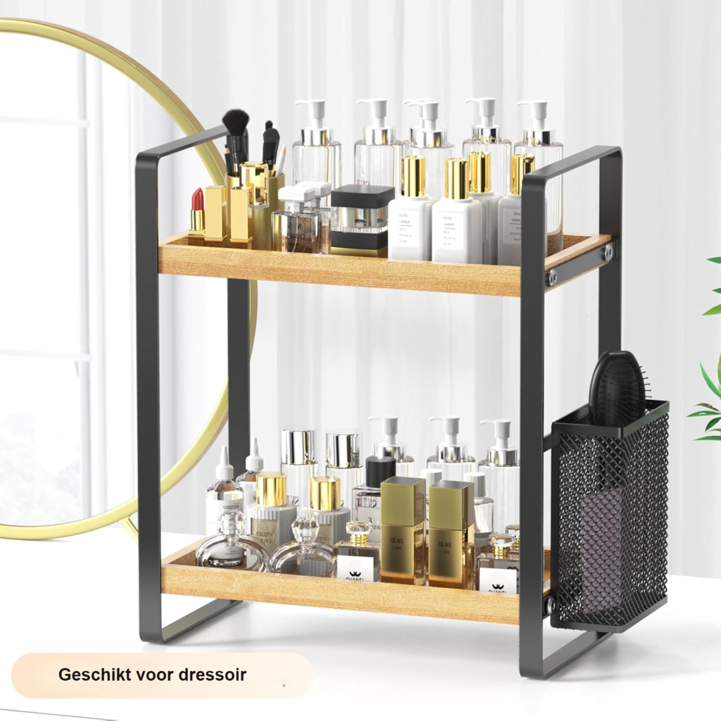 Houten make-up organizer met 2 lades voor cosmetica en huidverzorging