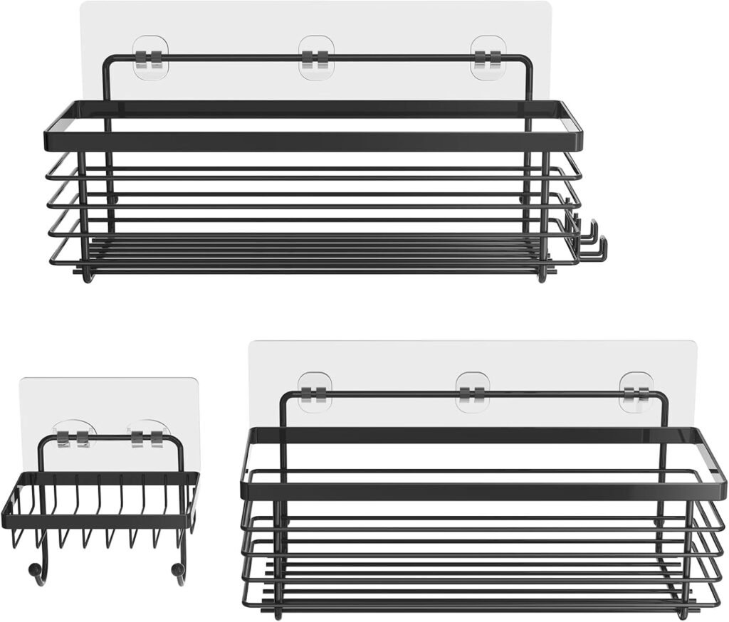 Zwarte douche organizer set van 3 met zelfklevend doucherek, zeepbakje en haken