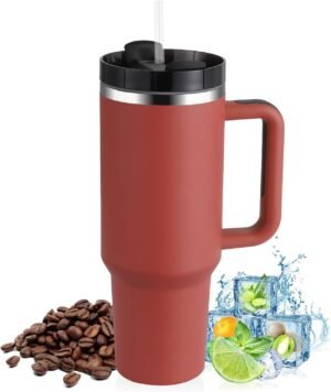 Rode thermobeker 1200 ml met rietje en handvat van dubbelwandig roestvrij staal