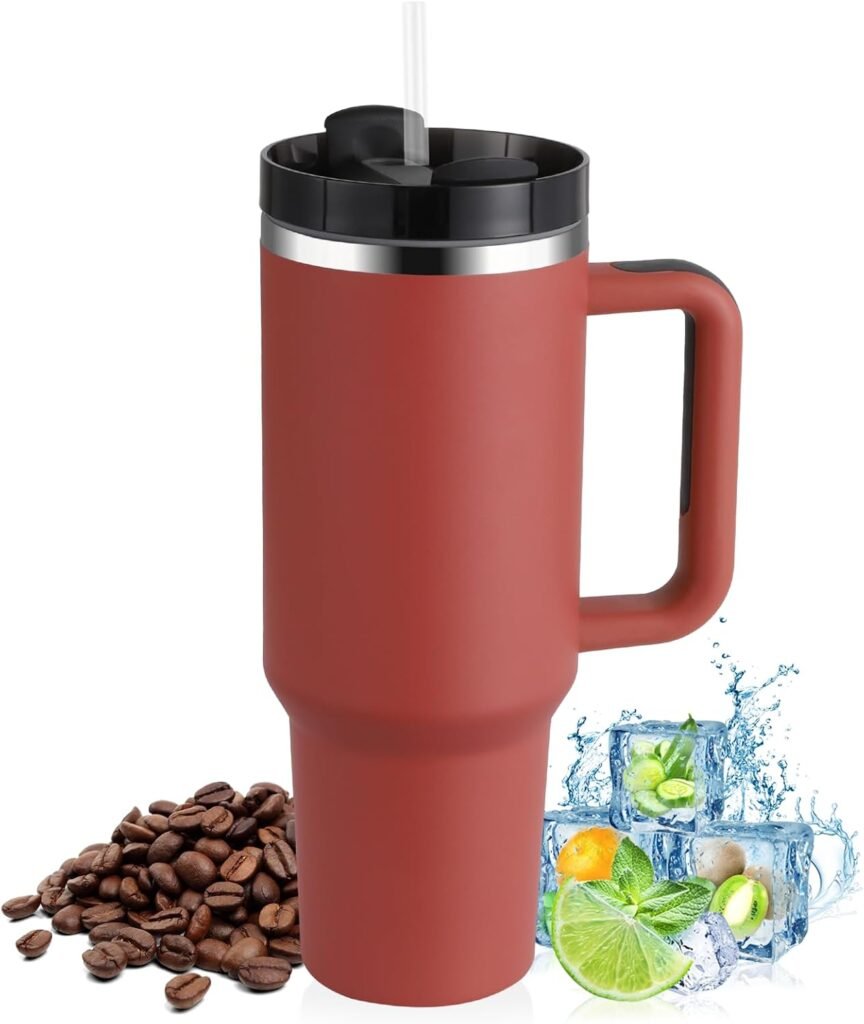 Rode thermobeker 1200 ml met rietje en handvat van dubbelwandig roestvrij staal