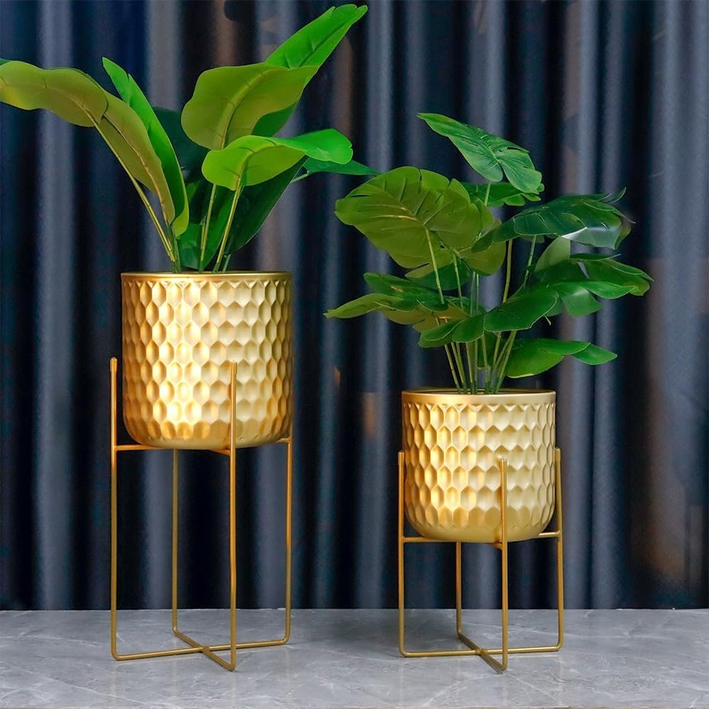 Set van 2 gouden metalen bloempotten met standaard voor binnen en buiten, plantenhouders van 31 cm en 45 cm.
