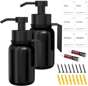 Zwarte Zeepdispenser 250 ml – Wandzeepdispenser van Glas – Wandmontage voor Badkamer en Keuken – Geschikt voor Hand- en Afwaszeep