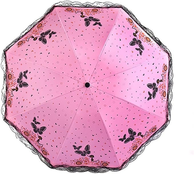 Opvouwbare parasol dames met kant en vlinderprint voor UV-bescherming en regenbescherming compact formaat