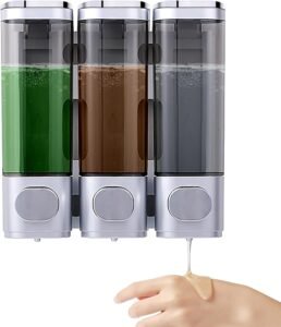 Zeepdispenser Wandmontage 3-in-1 – Shampoo en Douchegel Dispenser voor Badkamer en Keuken – Zilveren Vloeistofdispenser Zonder Boren – Handzeep Dispenser