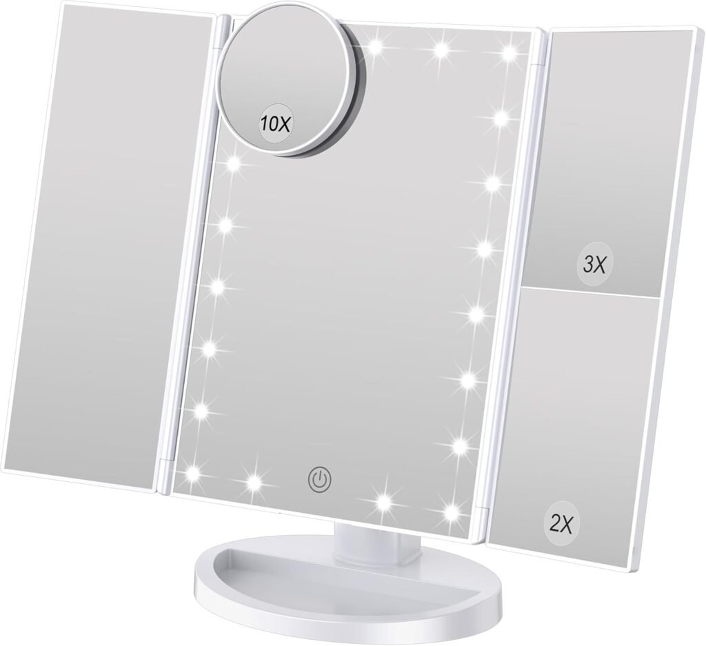 Make-up spiegel met LED-verlichting en vergrotende functie, verstelbare hoek en compact formaat