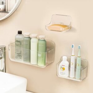 Doucheplank Zonder Boren – Zelfklevende Wandplank voor Badkamer – Transparante Douche Organizer – Set van 3 Stuks