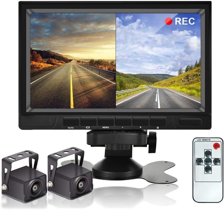 Achteruitrijcamera set met 7 inch monitor, dubbele HD camera, split screen, nachtzicht en waterdichte behuizing