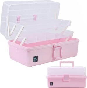 Opbergbox 33 cm met 3 Lagen – Kunststof Organizer met 2 Uittrekbare Trays – Opbergdoos met Compartimenten – Roze