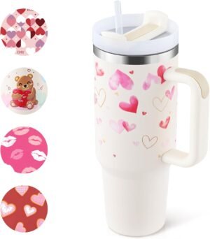 Witte thermosbeker 1200 ml met rietje en handvat van roestvrij staal