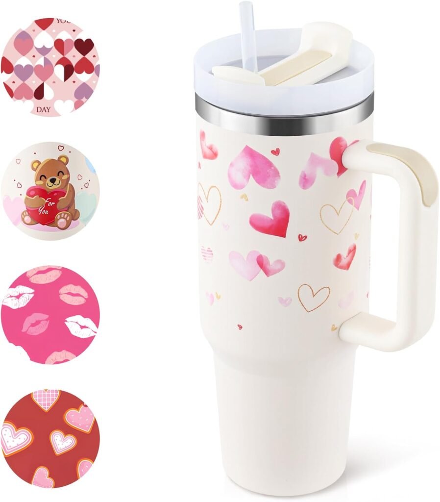 Witte thermosbeker 1200 ml met rietje en handvat van roestvrij staal