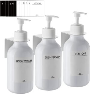 Set van 3 witte zeepdispensers van 500 ml voor wandmontage zonder boren, geschikt voor shampoo, douche, keuken en badkamer