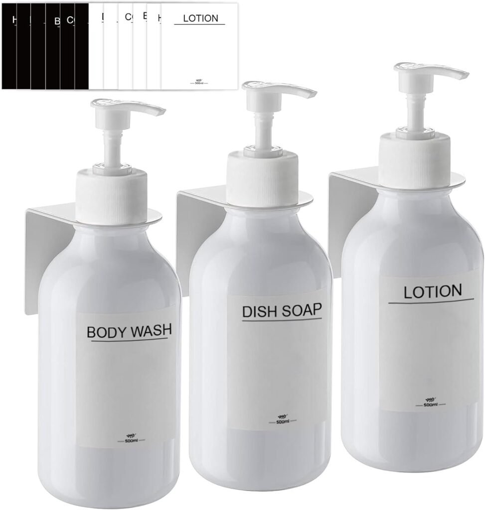 Set van 3 witte zeepdispensers van 500 ml voor wandmontage zonder boren, geschikt voor shampoo, douche, keuken en badkamer