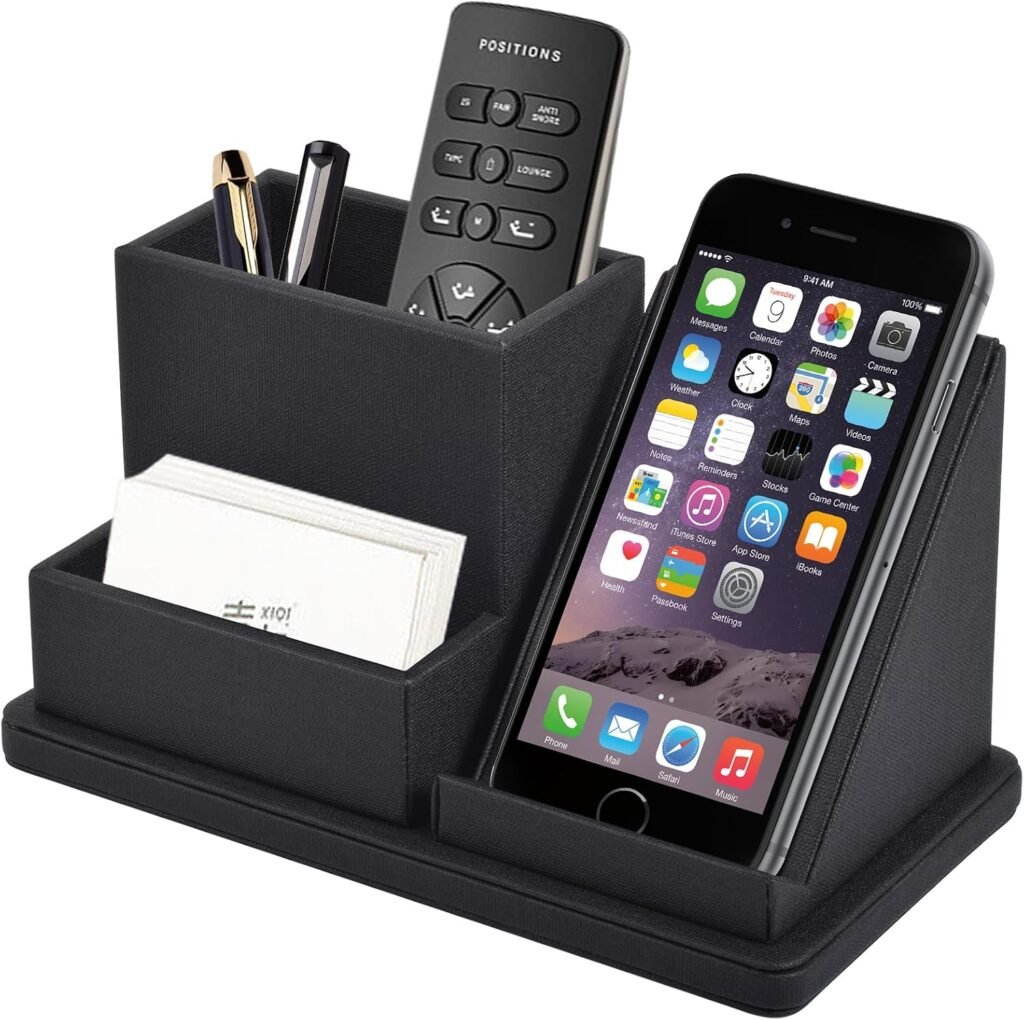 Bureau organizer van PU leer met vakken voor pennen en telefoon in zwart design