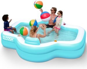 Opblaasbaar Zwembad 305 x 257 x 66 cm – Familiezwembad met Zitplaatsen – Rugleuning en Bekerhouders – Voor Tuin of Gazon