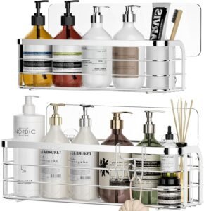 Douche Caddy 2-Pack RVS – Zelfklevende Doucheplank Zonder Boren – Badkamer Organizer voor Shampoo en Conditioner – Zilver met Haakjes