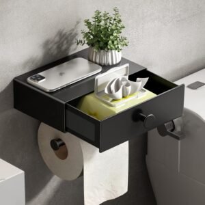 Toiletpapierhouder Zonder Boren Mat Zwart – Toiletrolhouder Met Opbergruimte Voor Badkamer – Box Voor Natdoekjes En Lade