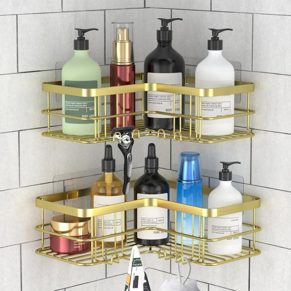 Hoek douche caddy 2-pack van roestvrij staal met gouden afwerking, douche organizer zonder boren voor badkamer en badkuip