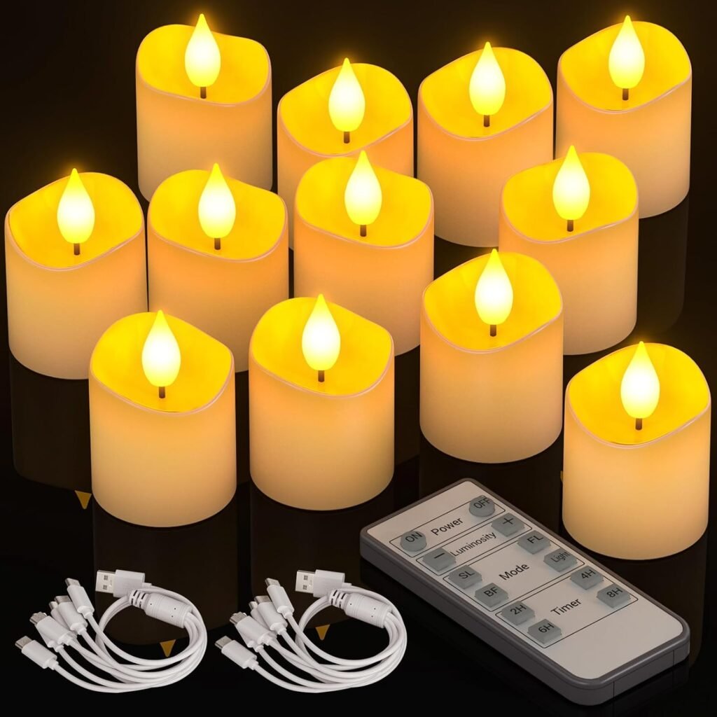 LED waxinelichtjes set van 12 oplaadbaar met USB-C, timer en afstandsbediening, flikkerend vlam-effect