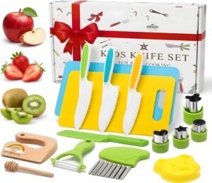 Kindermessenset 16-delig met veilige keukenmessen, groentemes en snijplank voor kinderen