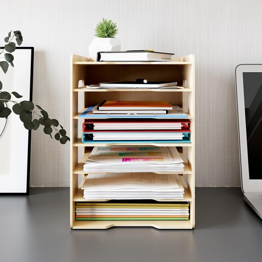 Documentenbak A4 Hout met 7 Vakken - Documentenhouder en Bureau Organizer - Voor Papieren, Mappen en Brieven - Kantoor en Studie