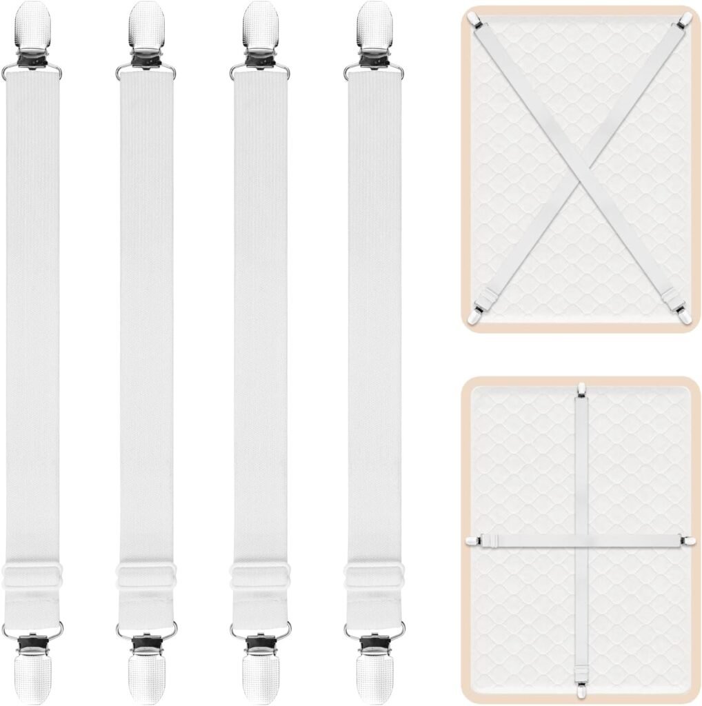 4x verstelbare lakenclips met elastische hoekbanden en metalen clips wit voor bedtextiel en matrassen