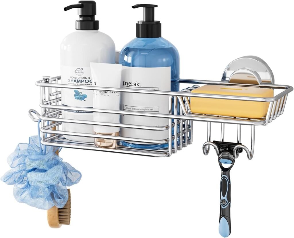 RVS douche caddy zonder boren met zuignappen en haken, zilveren badkamer rek voor douchebenodigdheden