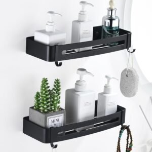 Douche Caddy Set van 2 – Zelfklevende Doucheplank Zonder Boren – Badkamer Organizer met Haakjes – Aluminium, Zwart