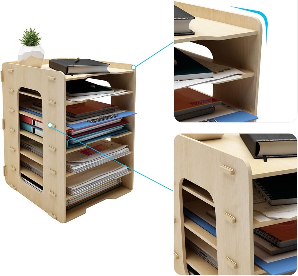 Documentenbak A4 Hout met 7 Vakken - Documentenhouder en Bureau Organizer - Voor Papieren, Mappen en Brieven - Kantoor en Studie